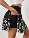 Women'S Casual High-Waist Skort with Floral Print and Phone Pocket - Black Shorts with White Floral Design, Minimalist Style for Summer, and Everyday Wear, Casual Wear | Floral Print Skirt | Adjustable Waistband, Skort
