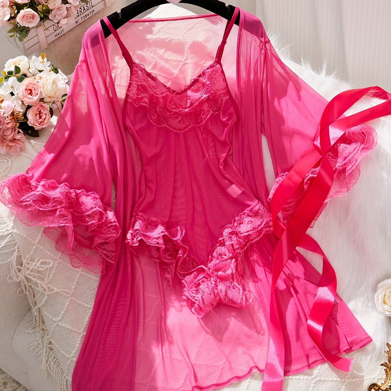 Solid Contrast Lace Lingerie Set, V Neck Bodysuit & Robe, Women's Sexy Lingerie & Underwear