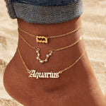Alloy Inlaid Rhinestone Women'S Zodiac Ankle Chain, Spring And Summer, 3pcs of Beach Barefoot Accessories, Suitable for Vacations, Parties, Dates, Music Festivals
