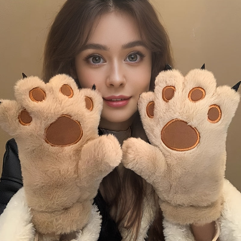 Cozy Cat Paw Plush Mittens - Ultra-Warm, Windproof Thick Fleece Gloves with Cute Animal Design for Cycling, Skiing & Outdoor Activities, White with Brown Accents