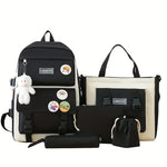 5pcs LANSHIYA Canvas Backpack Set - Solid Color, Casual Travel & School Bag with Messenger Bag, Large Capacity, Zipper Closure, Polyester Lining, Hand Wash/Dry Clean Care