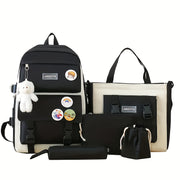 5pcs LANSHIYA Canvas Backpack Set - Solid Color, Casual Travel & School Bag with Messenger Bag, Large Capacity, Zipper Closure, Polyester Lining, Hand Wash/Dry Clean Care