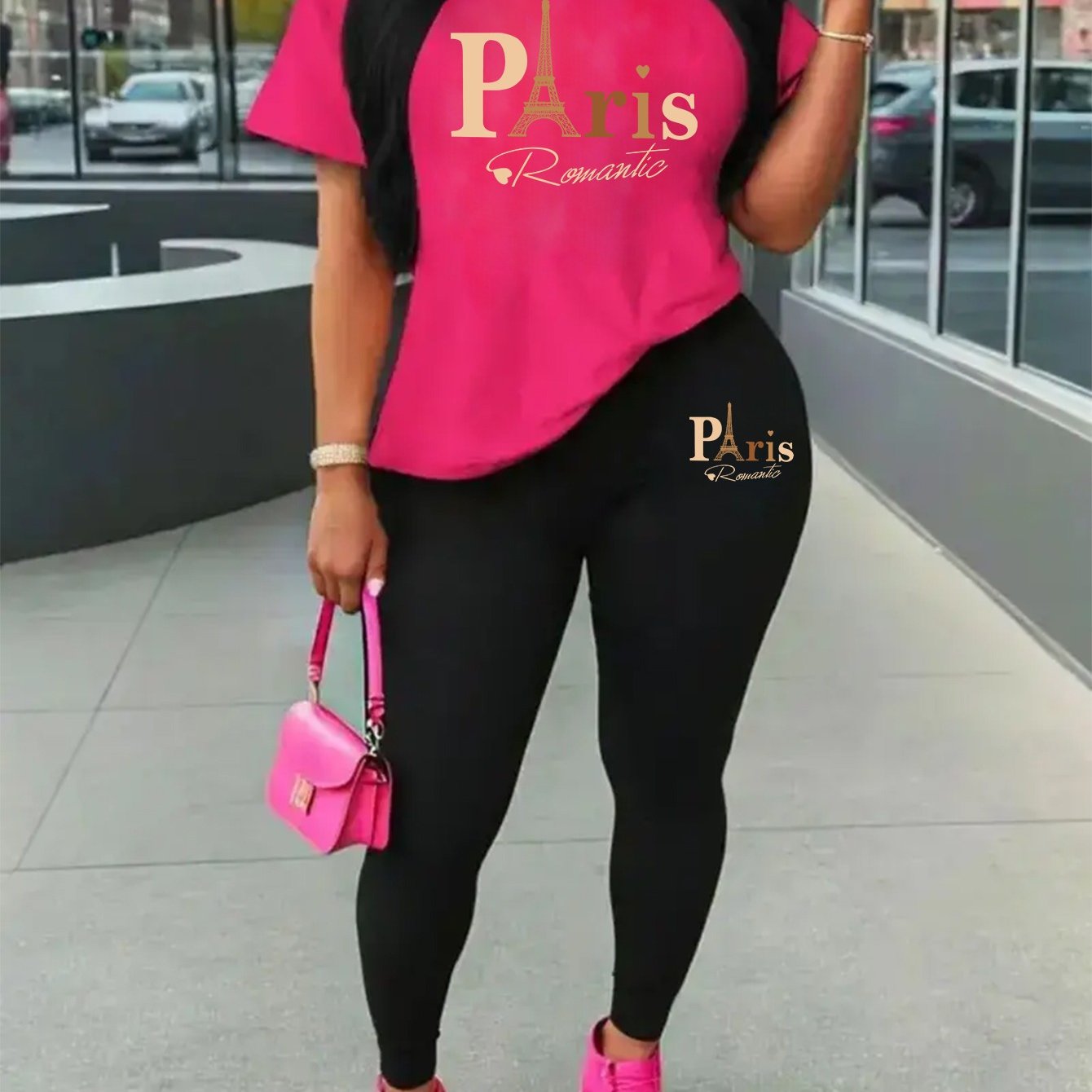 Eiffel Tower Paris-Inspired Women's Casual Outfit - Comfy Short Sleeve Tee & Stylish Pants Set, Machine Washable
