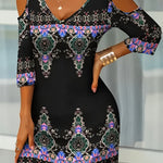 Graphic Print Cold Shoulder Dress, Vintage V-neck Half Sleeve Dress For Spring & Summer - Women's Clothing - Casual & Stylish - For Women - Perfect for Parties & Casual Outings - Great Gift for Fashionable Women