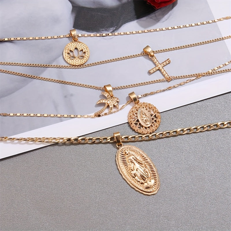 5pcs Simple Bohemian Cross Pendant Necklace Set, Daily Party Accessories, Best Gift for Friends