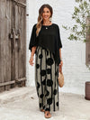 A Two-Piece Women'S Solid Color Round Neck Asymmetrical Hem Shirt And All-Over Printed Pants Set.
