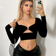 Chic Black Sports Tee with Heart-Shaped Rhinestone Detail, Long Sleeve, V-Neck Cutout - Stretchy Polyester Blend, Machine Washable - Women's Fashion, Heart-shaped Diamond, Slim Fit
