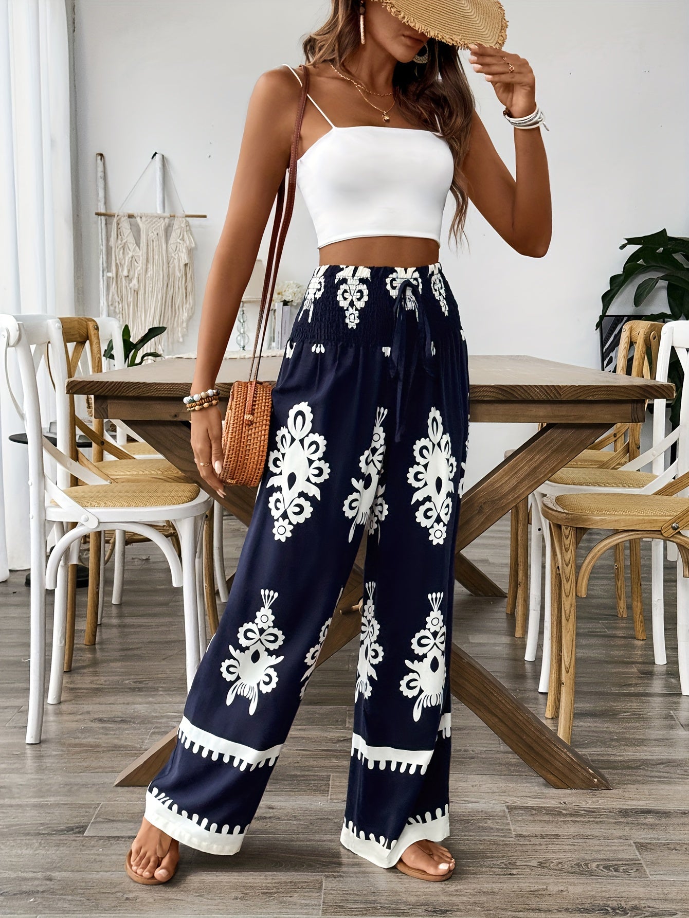 Women's Navy & White Floral Print Wide-Leg Pants with Elastic Waist Drawstring & Smocking Detail - Machine Washable All-Season Elegant Casual Trousers for Women, Comfortable Fashion, Smooth Texture Fabric