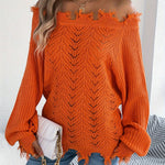 Raw Trim Off-shoulder Ripped Sweater - Stylish Long Sleeve Sweater For Spring & Fall - Women's Clothing -  Soft & Cozy Fabric - Perfect Gift for Fashionable Women