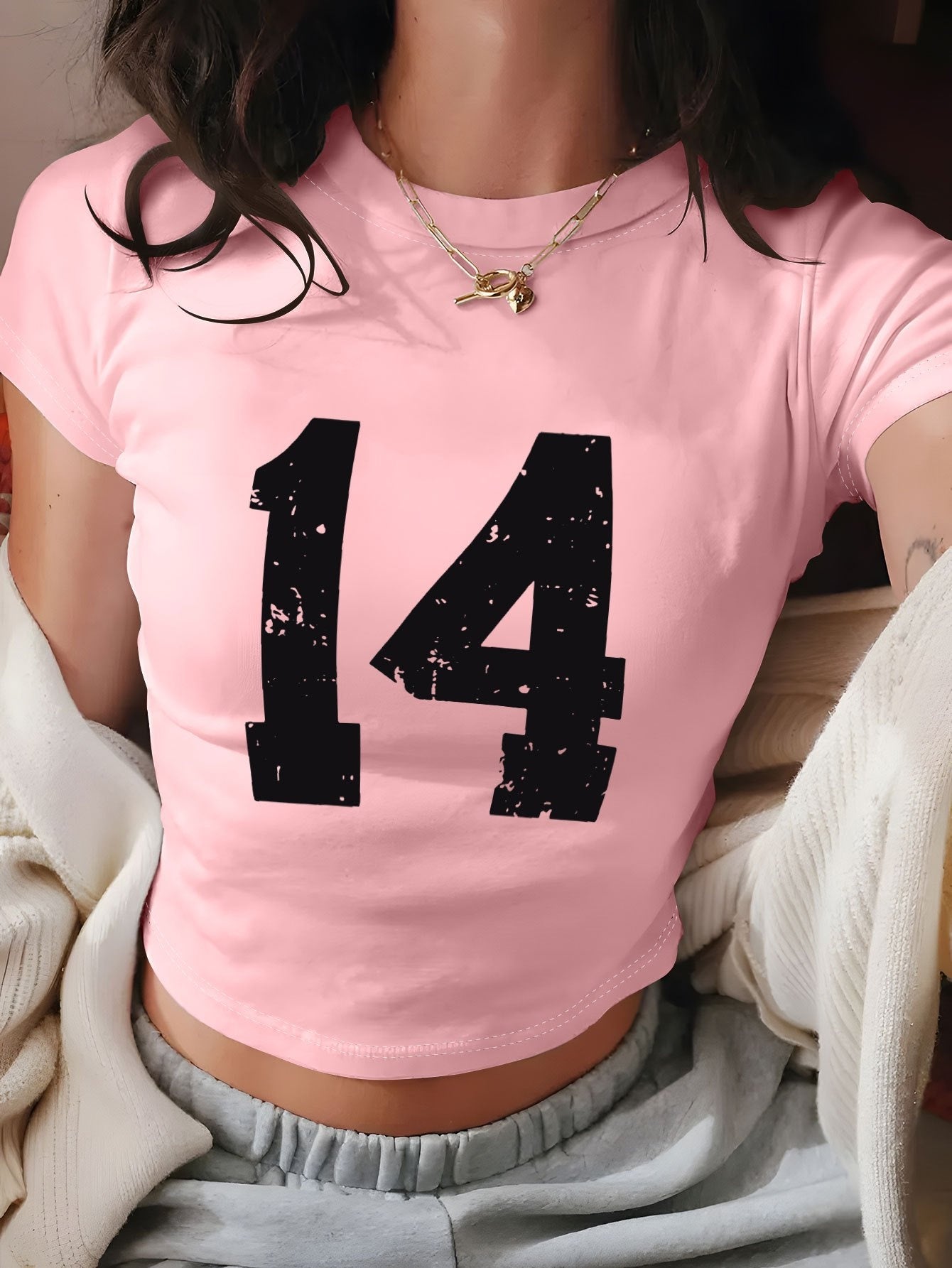 Women's Y2K Geometric Number 14 Print Crop T-Shirt - Soft Casual Top, Light Yellow with White Numerals, Spring Summer Versatile Tee, Distressed Style, Machine Washable Fabric, Comfortable Fit