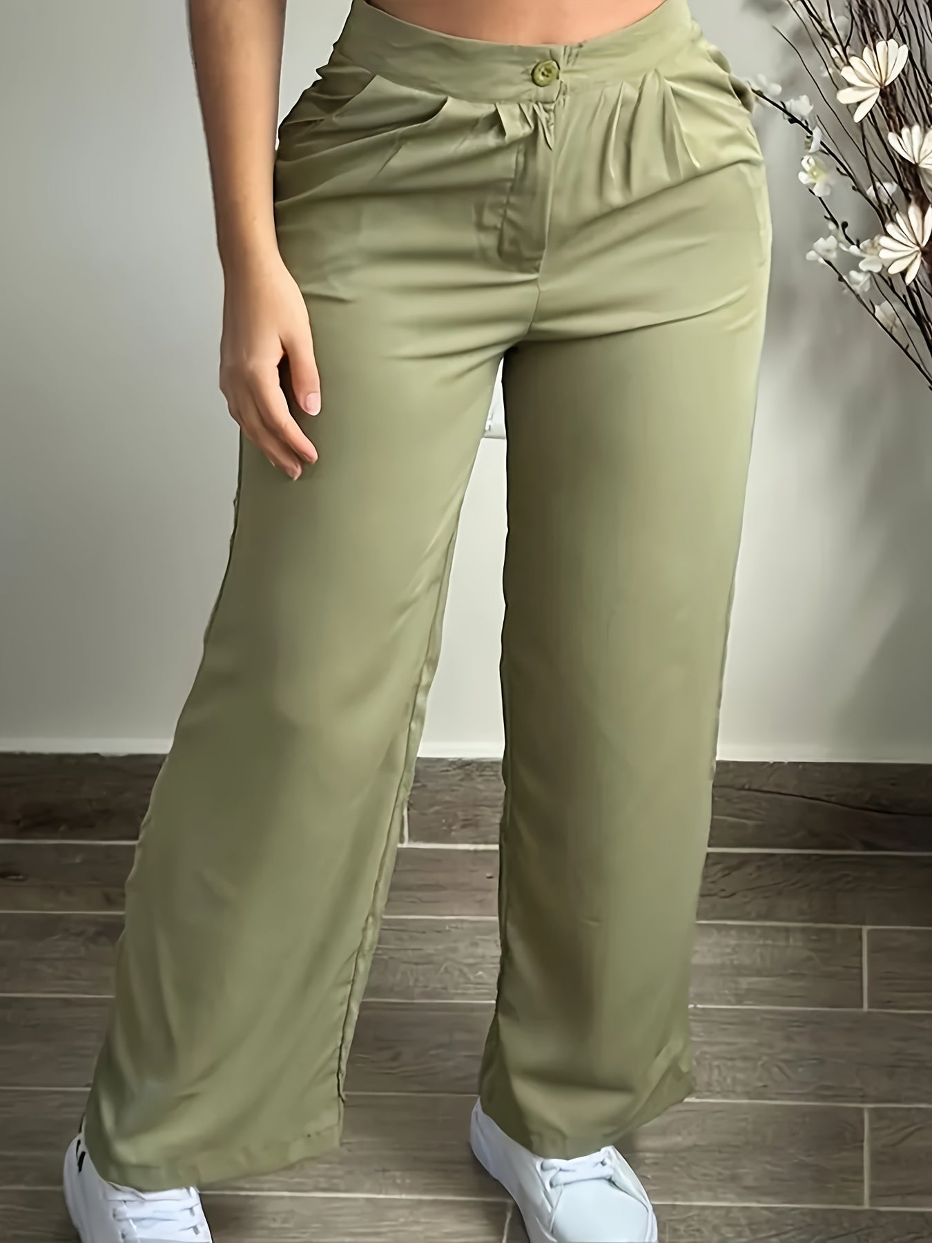 Women'S Casual Patchwork V-Neck Top and Wide Leg Pants Set, 100% Polyester, Contrast Collar, All Seasons, Woven Fabric, 150g/m² - Green