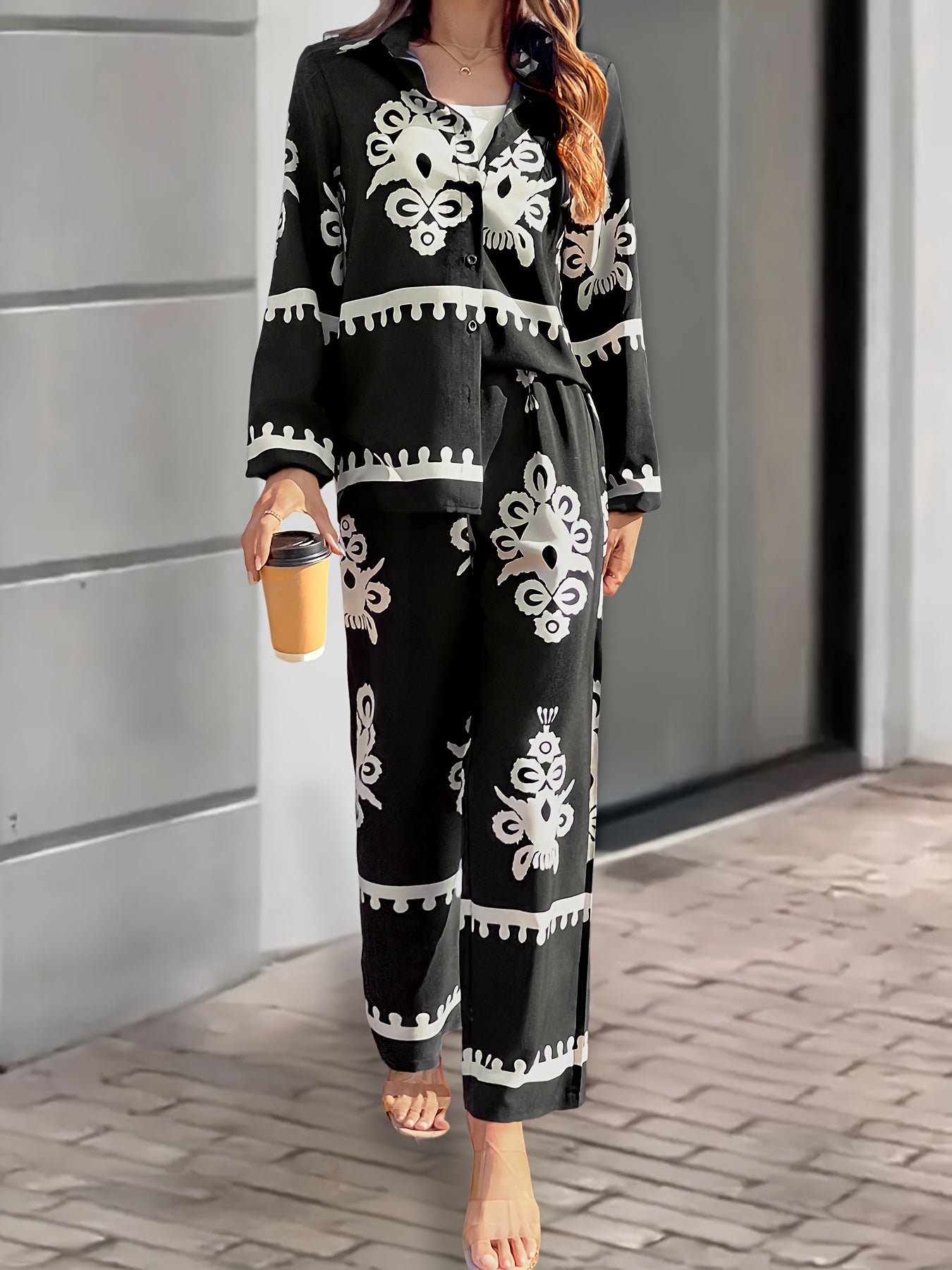 2pcs Elegant Special Set for Women with Random Print Front Button Long Sleeve Top and Pants Casual Suit