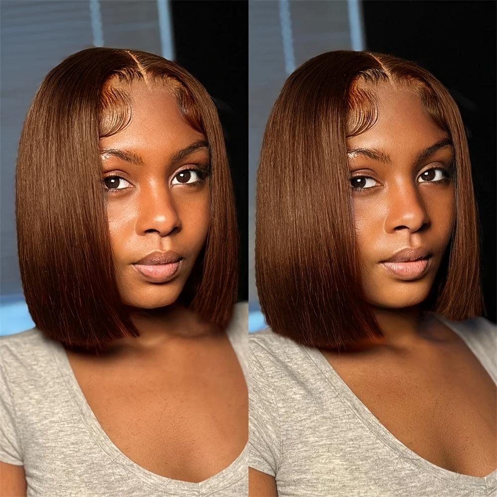 Silky Straight 13x5 Brown Bob Wigs Lace Front Human Hair Short Bob Pre Plucked Bleached Knots Lace Frontal Bob #4 Colored Wig