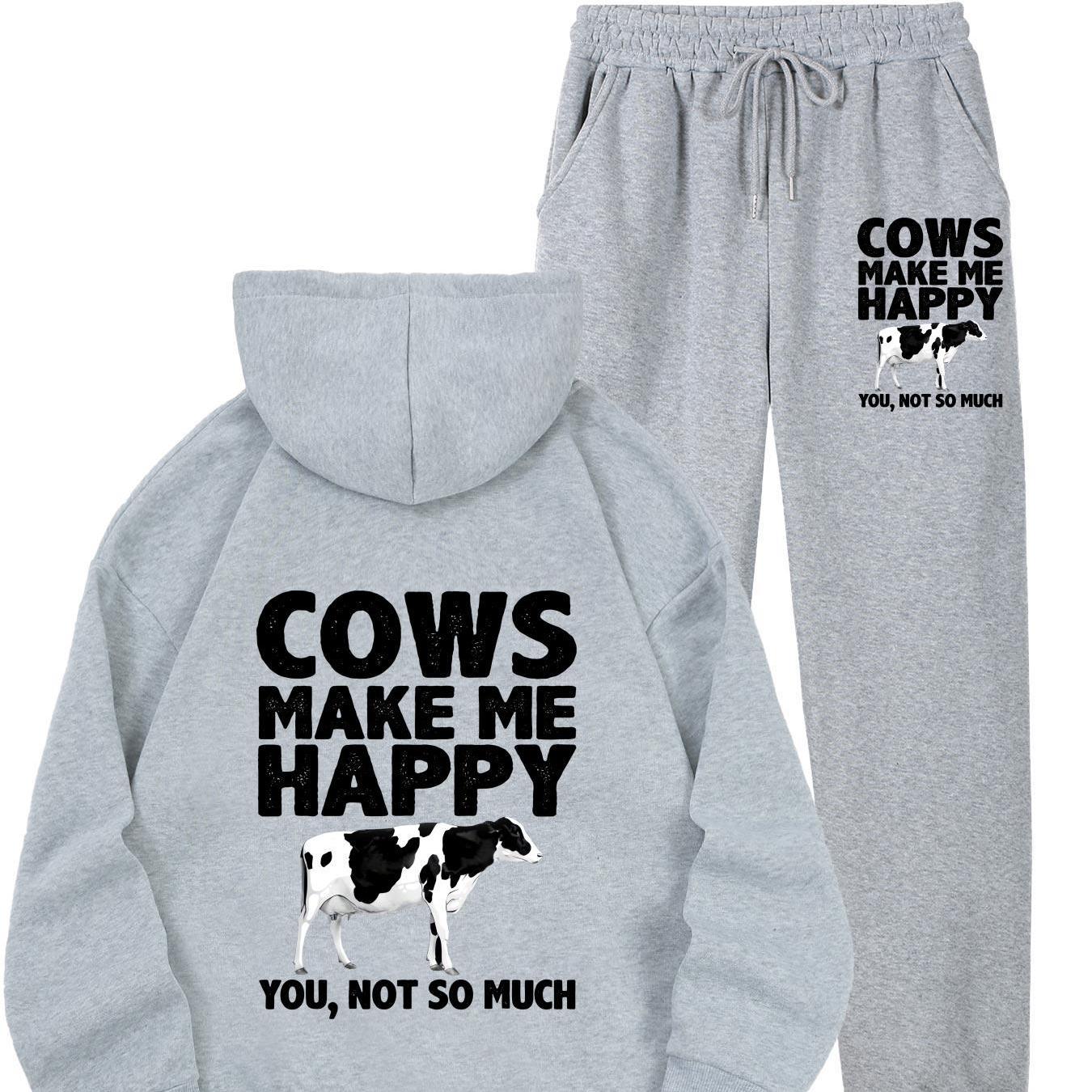 1set Women'S Casual Sportswear with Cow Print, Polyester 100% Long Sleeve Hoodie and Joggers Set, Crew Neck, All-Season Knit Fabric with Pockets