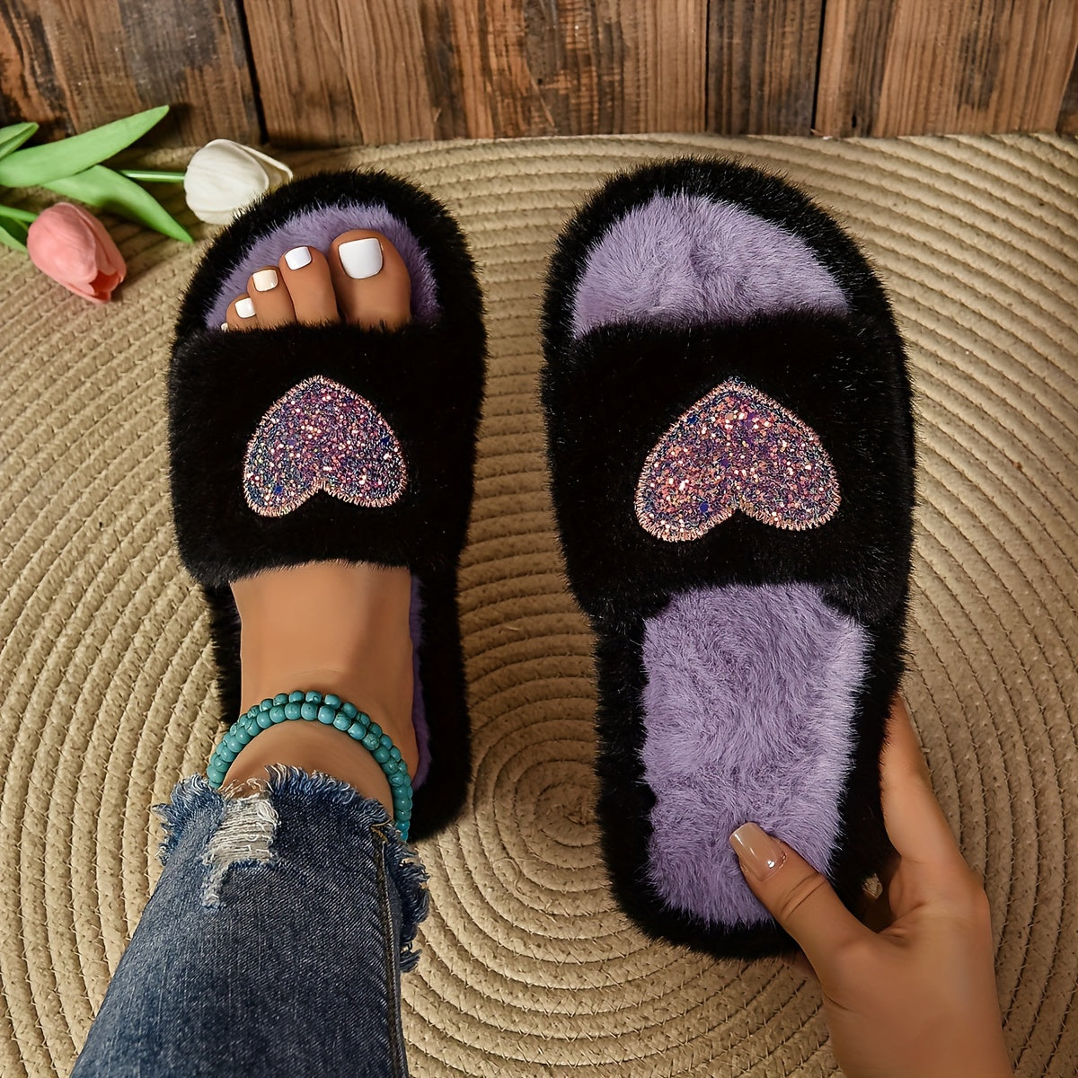 Women's Fuzzy Fabric Slippers with Rubber Sole - Winter All-Season Indoor Heart Pattern Slides with Non-Slip Grip, Comfort Plush Lining and Love Print Detail - For Women - Perfect for Cozy Indoor Wear - Ideal Gift for Her
