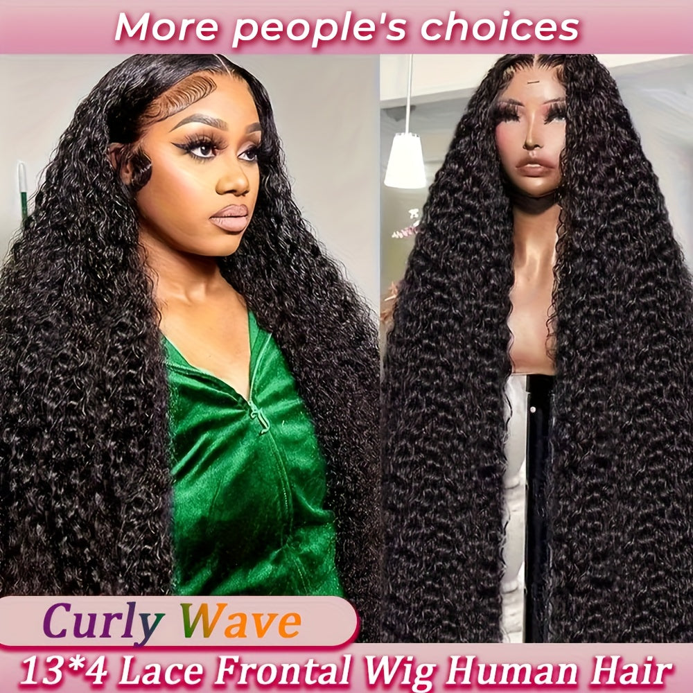 40" Brazilian Virgin Human Hair Wig - 250% Density Kinky Curly Wave 13x4 HD Transparent Lace Frontal with Pre-Plucked Bleached Knots & Baby Hair, 100% Remy Hair for (Natural Color), Long Hair Wig, Styling Versatility, Texture