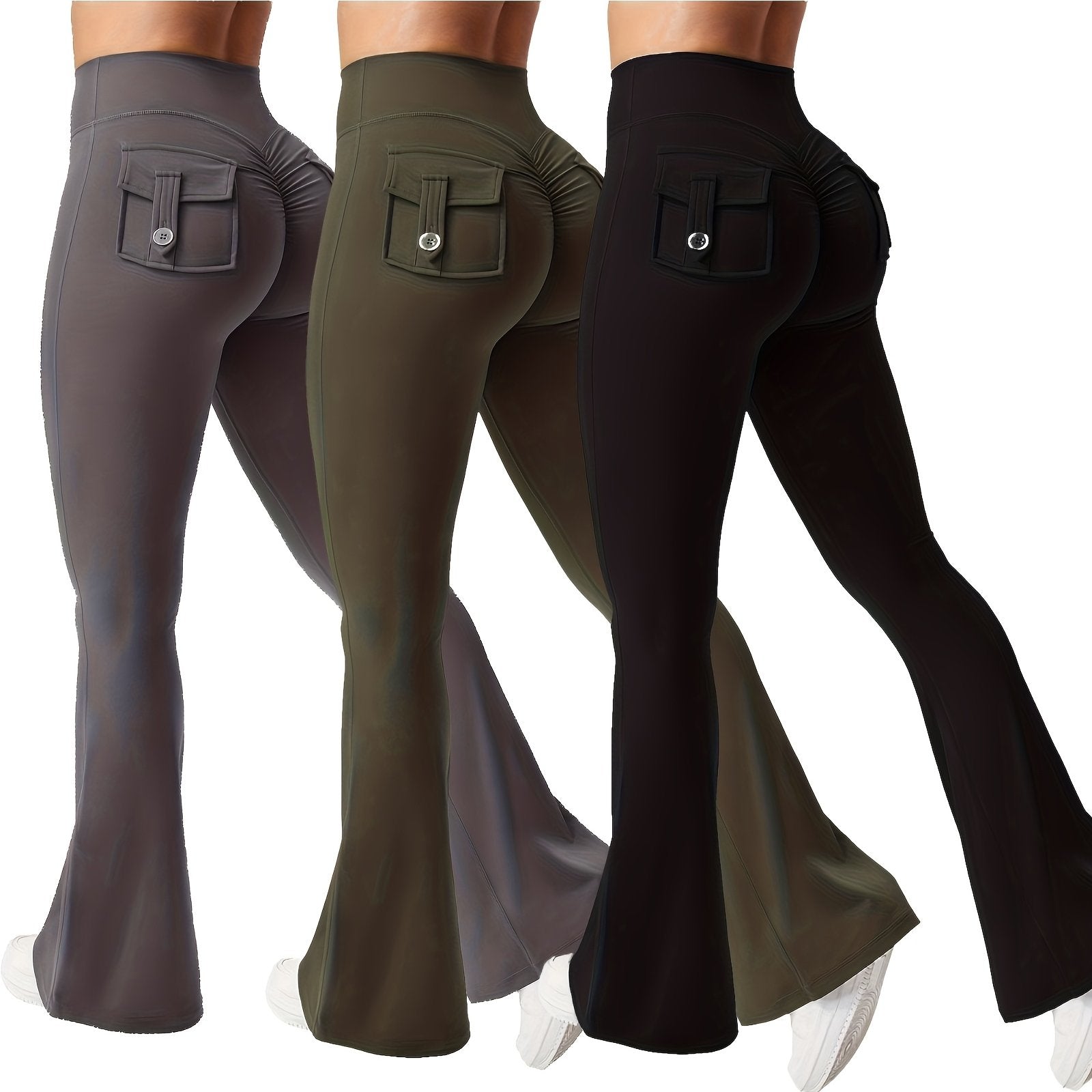 3pcs Of Black, Gray And Green Fashionable Workwear Style Bell Bottoms, Women's Casual Bell Bottoms, High Waist Pocket Sportswear, Work Style Peach Hip Pants, Sports Quick-drying Tummy Control Butt Lifting Trousers Flare L