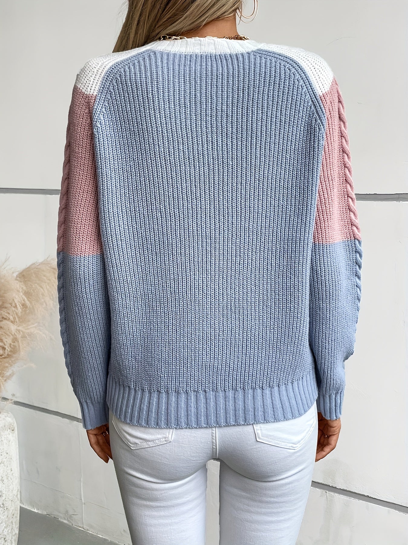 For Fall & Winter, Long Sleeve Color Block Crew Neck Pullover Sweater, Casual Knitted Sweater, Women's Clothing