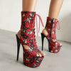 Women's Skull & Flower Pattern Stiletto Heels with Open Toe and Platform, Side Zipper Dress Pumps