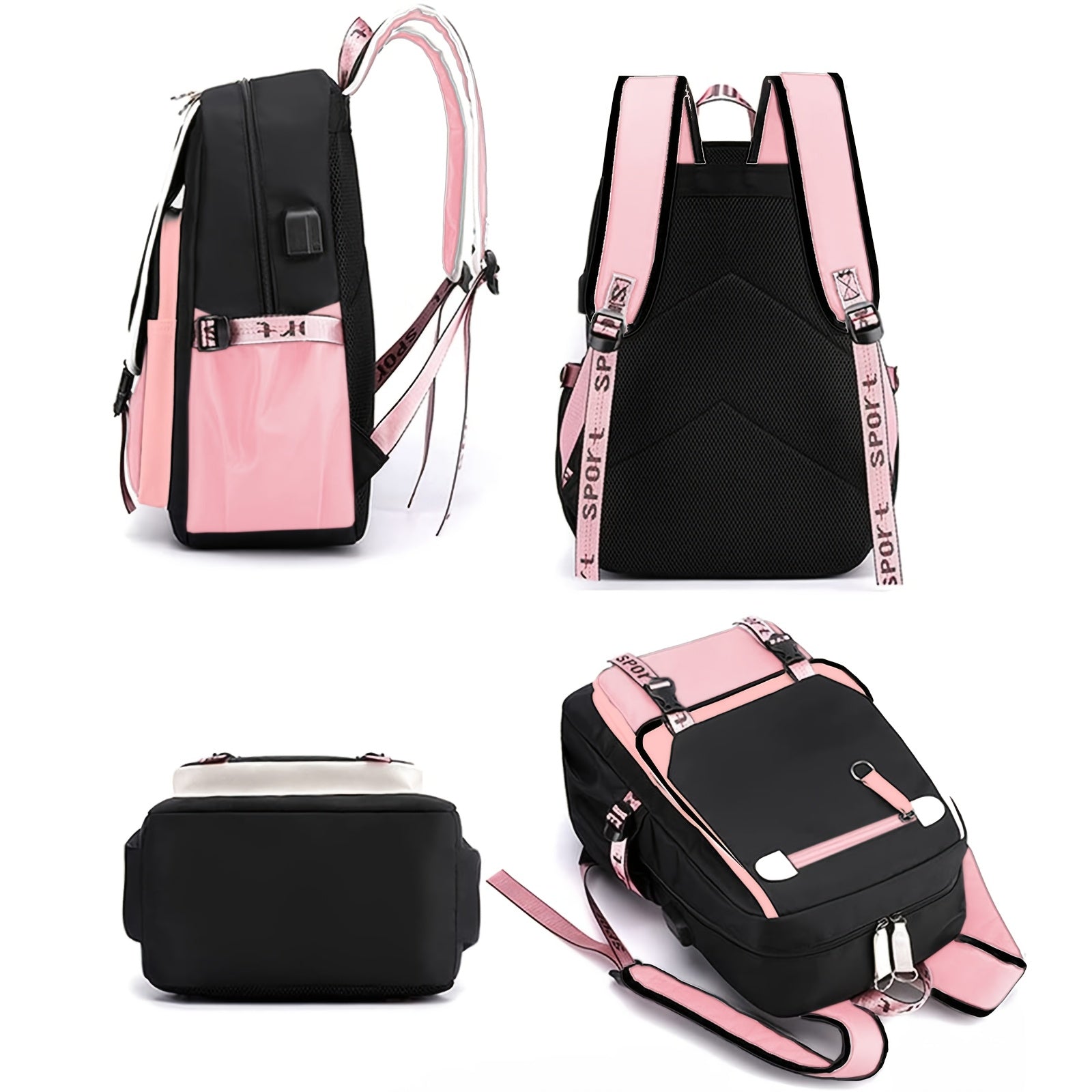 Hello Kitty Pink & Black Backpack with Plush Pendant - Cute Multi-Compartment Daypack, Adjustable Straps, Zip Closure, Lightweight & Foldable, Ideal for Daily Commute & Sanrio Fans, Kawaii Backpack | Charming Decoration | Pol