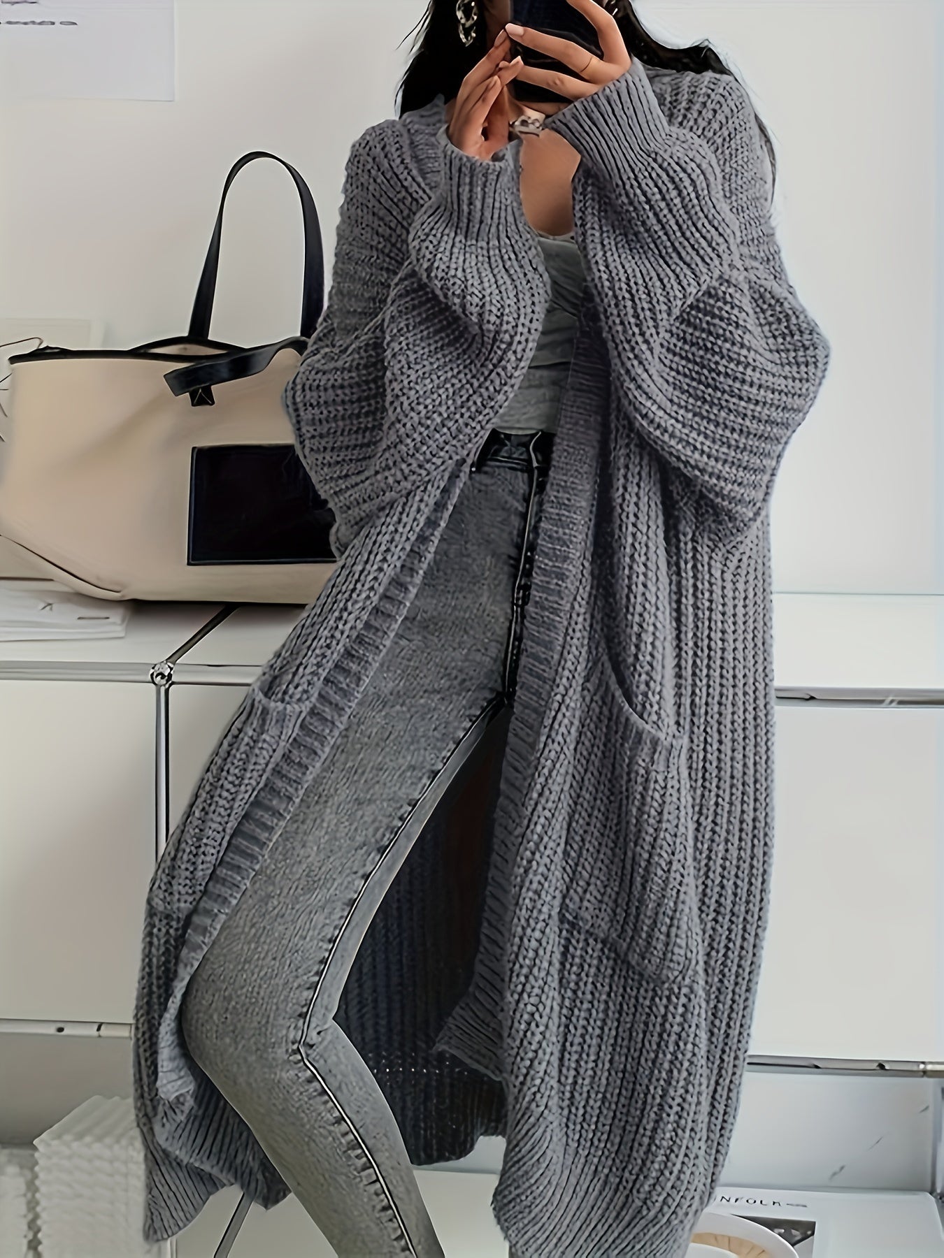Women's Solid Color Open Front Knitted Cardigan, Long Sleeve, Spring/Fall Casual Wear