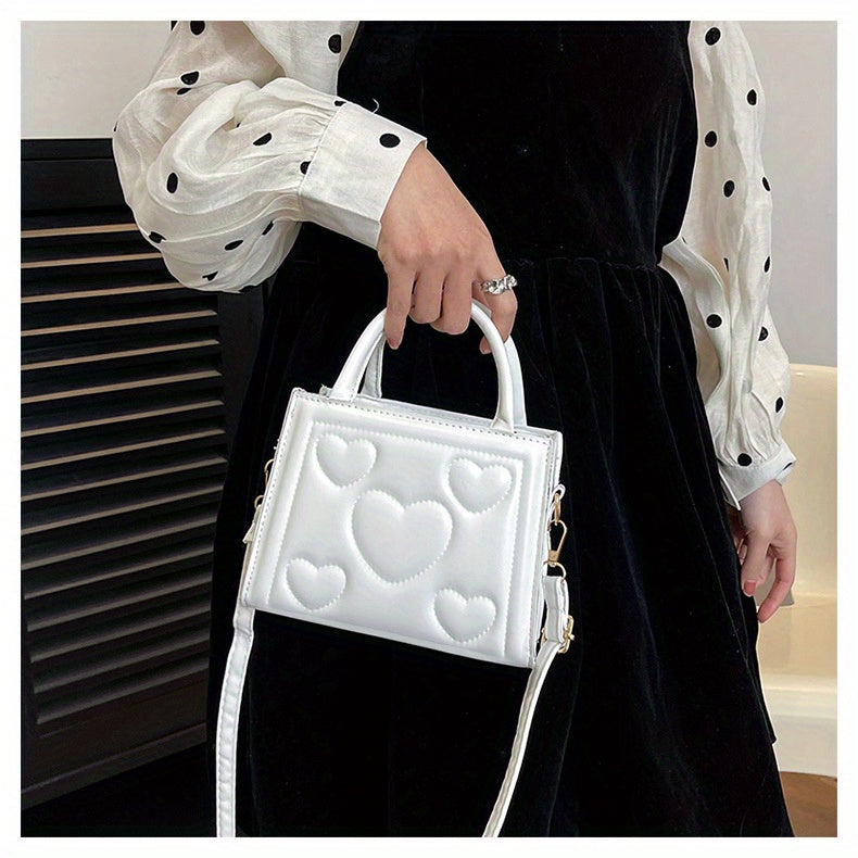1pc Women’s Stylish Solid Color Handbag with Detachable Strap – Heart Pattern Design, Perfect for Valentine’s Day Gift, Available in Magenta, White, Black, Green, Yellow