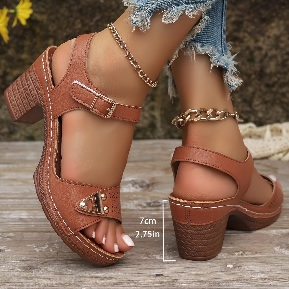 Stylish Women's Cut-Out Sandals - Soft Platform, Chunky Heel, Ankle Buckle Strap, Metallic Accent, Comfortable Walking Shoes for Casual Occasions