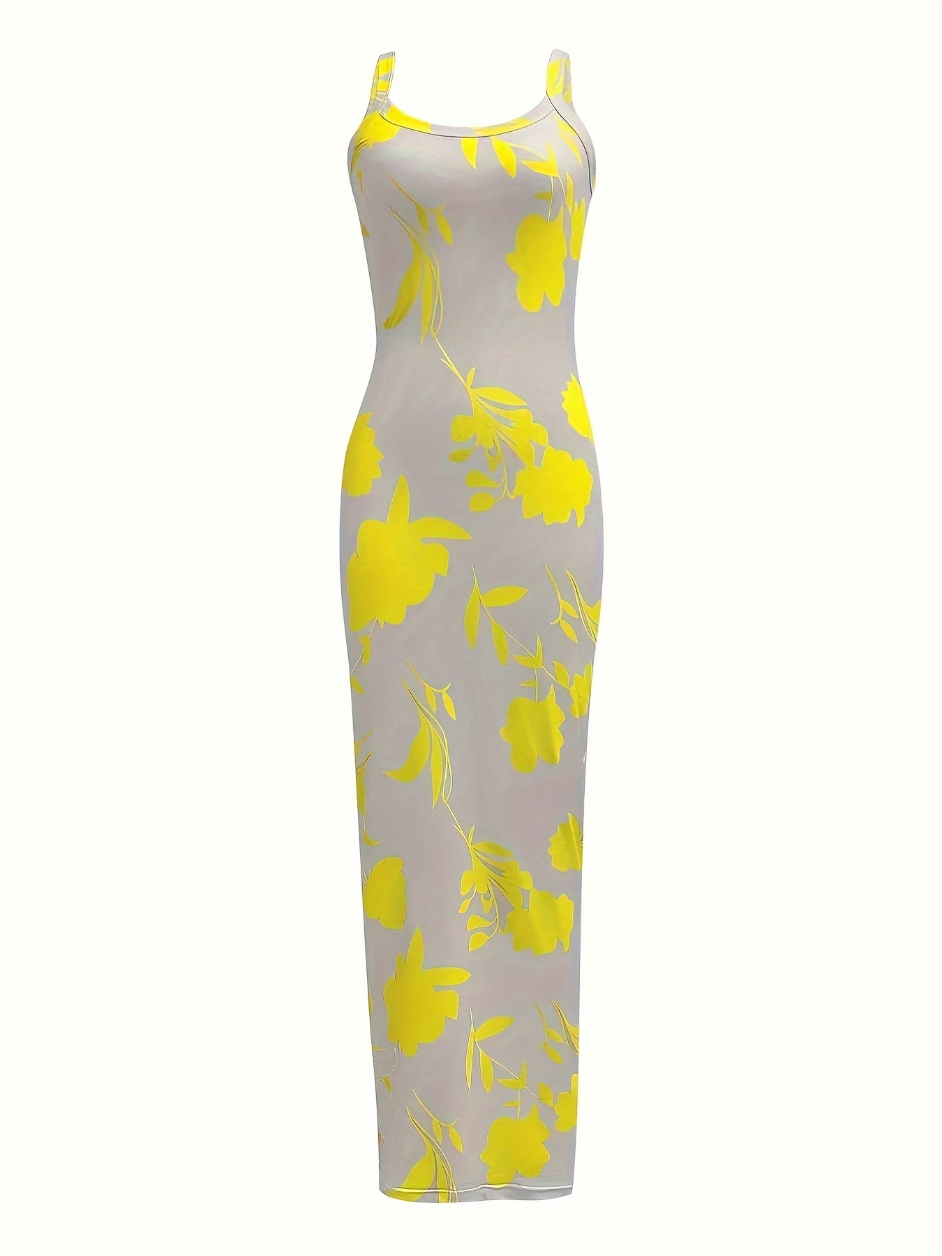 Elegant Floral Print Bodycon Maxi Dress, Polyester Knit Fabric, Crew Neck Sleeveless Long Dress for Women, All-Season, Halter Dress