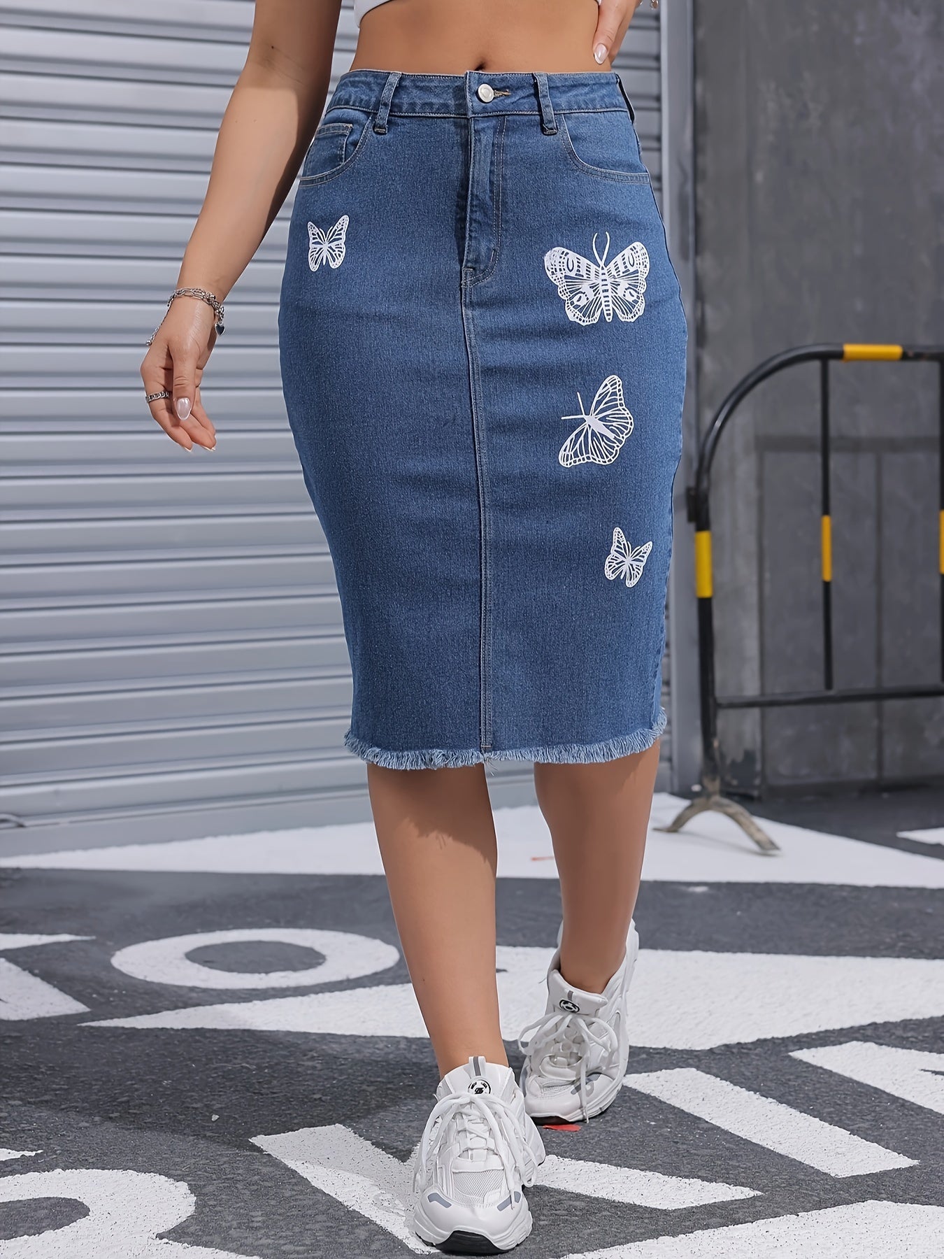 Women's High-Waisted Butterfly Print Denim Midi Skirt with Frayed Hem - Stretch Cotton, Casual Knee-Length Jean Skirt for Spring/Summer/Fall, Seasonal Fashion | Feminine Casualwear | Stretch Denim Blend