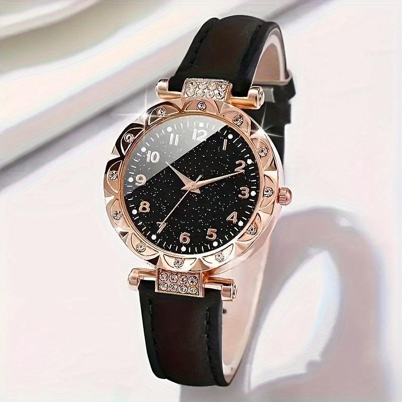 5-Piece Elegant Ladies Quartz Watch and Rhinestone Jewelry Set - Fashionable Glittering Black Starry Sky Dial, Round Case, Analog Display, Durable PU Leather Strap, Zinc Alloy Body, Precision Quartz Movement, Non-Rechargeable