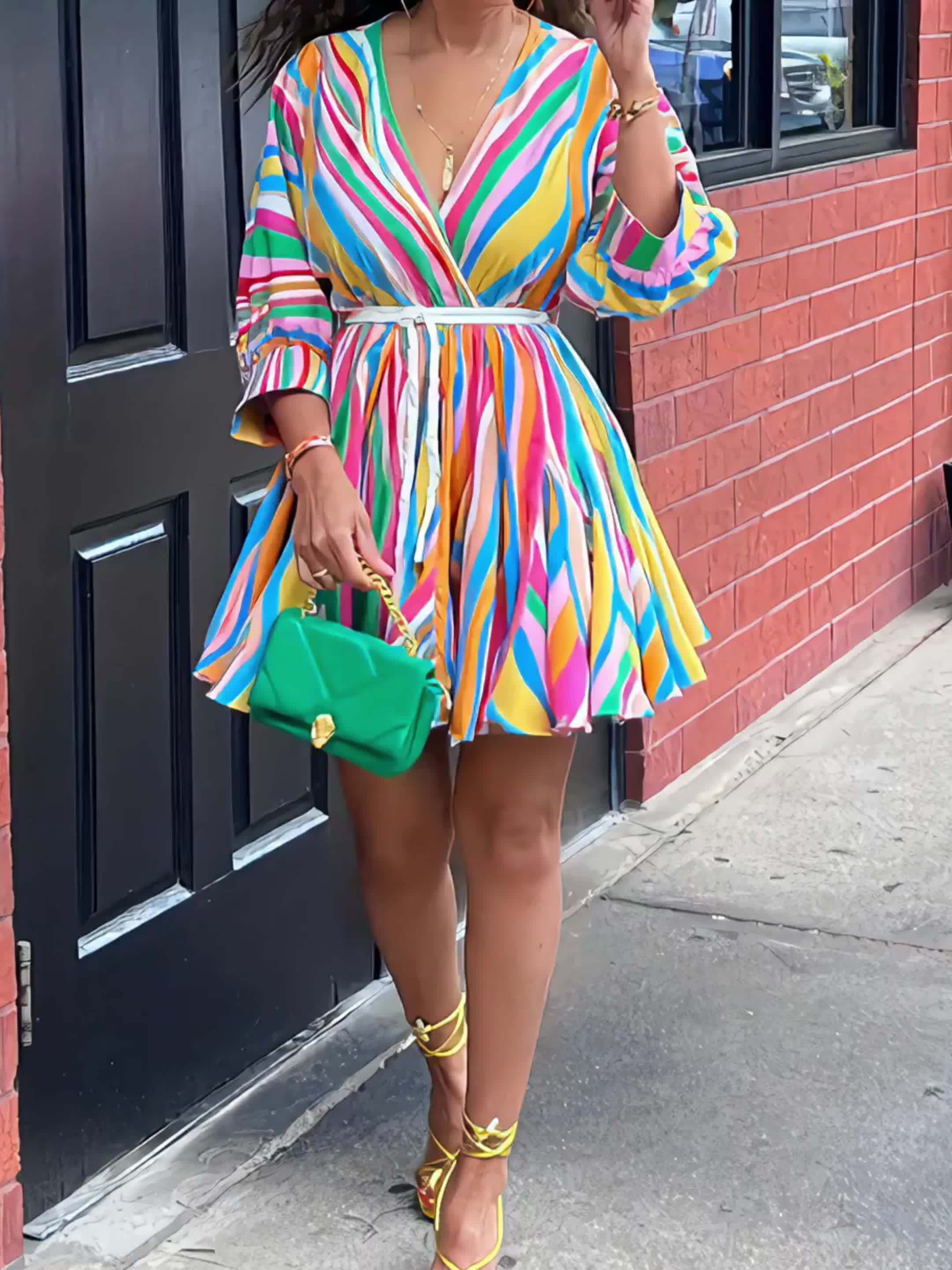 Colorful Striped V-Neck Dress with Belt - Casual A-Line, Long Sleeve, Machine Washable Polyester Blend - Vibrant Streetwear Style for Women