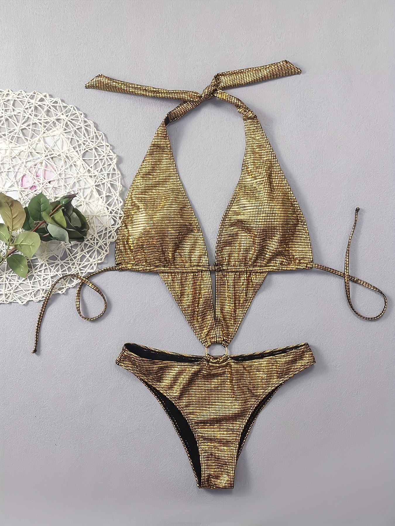 2024 New Silvery Shiny And Sexy Bikini With Round Ring Decoration For Women's Swimwear, Popular In Foreign Trade