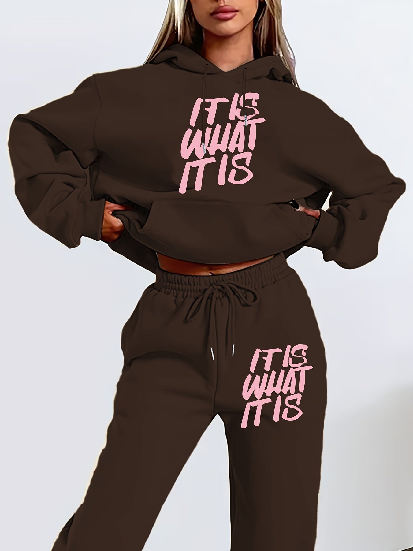 [Geometric Print Hoodie Set] Long Sleeve Geometric Print Hoodie & Jogger Set - Polyester Blend, Machine Washable, Kangaroo Pocket - Women's Casual Fall/Winter