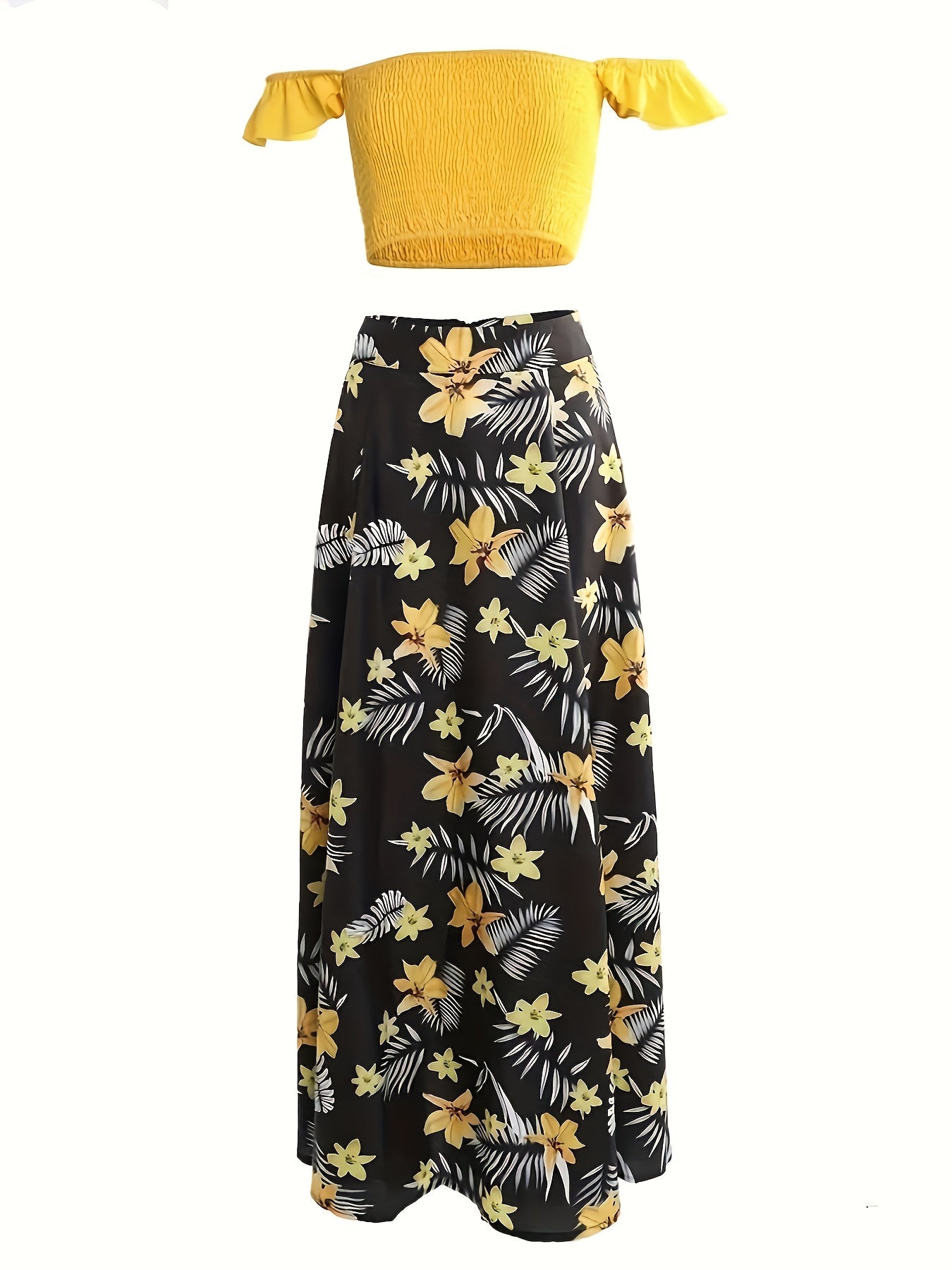 Casual Fashion Beach Vacation Two-Piece Set Women's Summer New European Print Pleated Off-Shoulder Crop Top with Slit Skirt