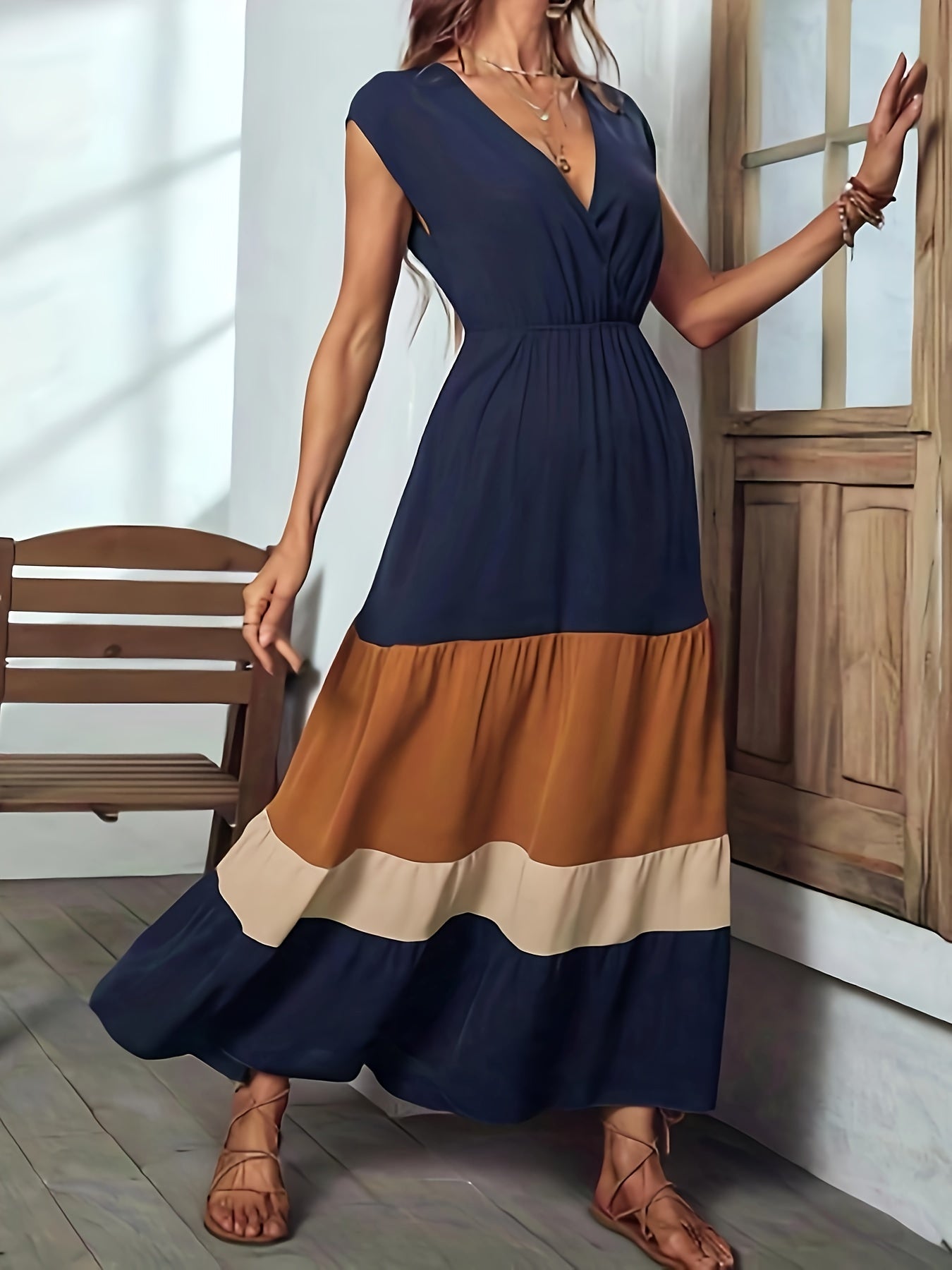 Vibrant Color Block Surplice Neck Maxi Dress - Elegant Sleeveless A-Line Silhouette, Micro Elasticity, Polyester Fabric, Solid Color, Summer Essential - Womens Elegant Clothing for Special Occasions