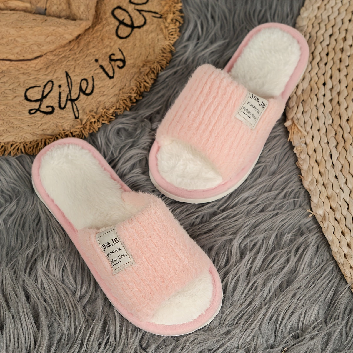 JB Brand Open-Toe Slippers for Women, Cozy Plush Home Footwear for Couples in Spring And Autumn.