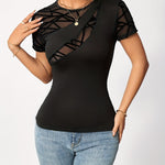 Chic Womens Contrast Mesh Crew Neck T-shirt - Breathable Solid Short Sleeve, Semi-sheer Slim Fit for Spring & Summer Styling