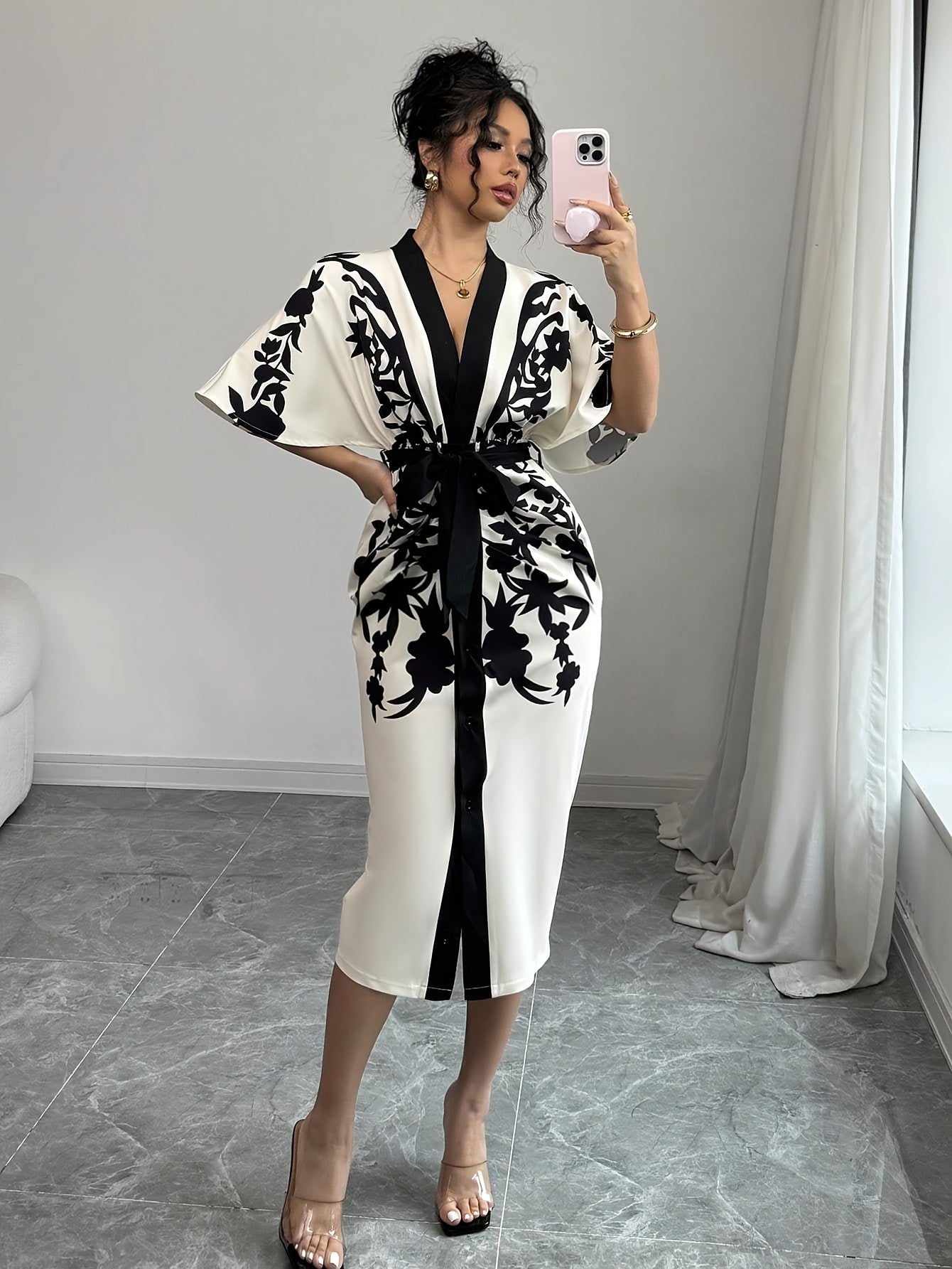 Women's Front Tie Short Sleeve Printed Slim Fit Dress {Elegant Directional}