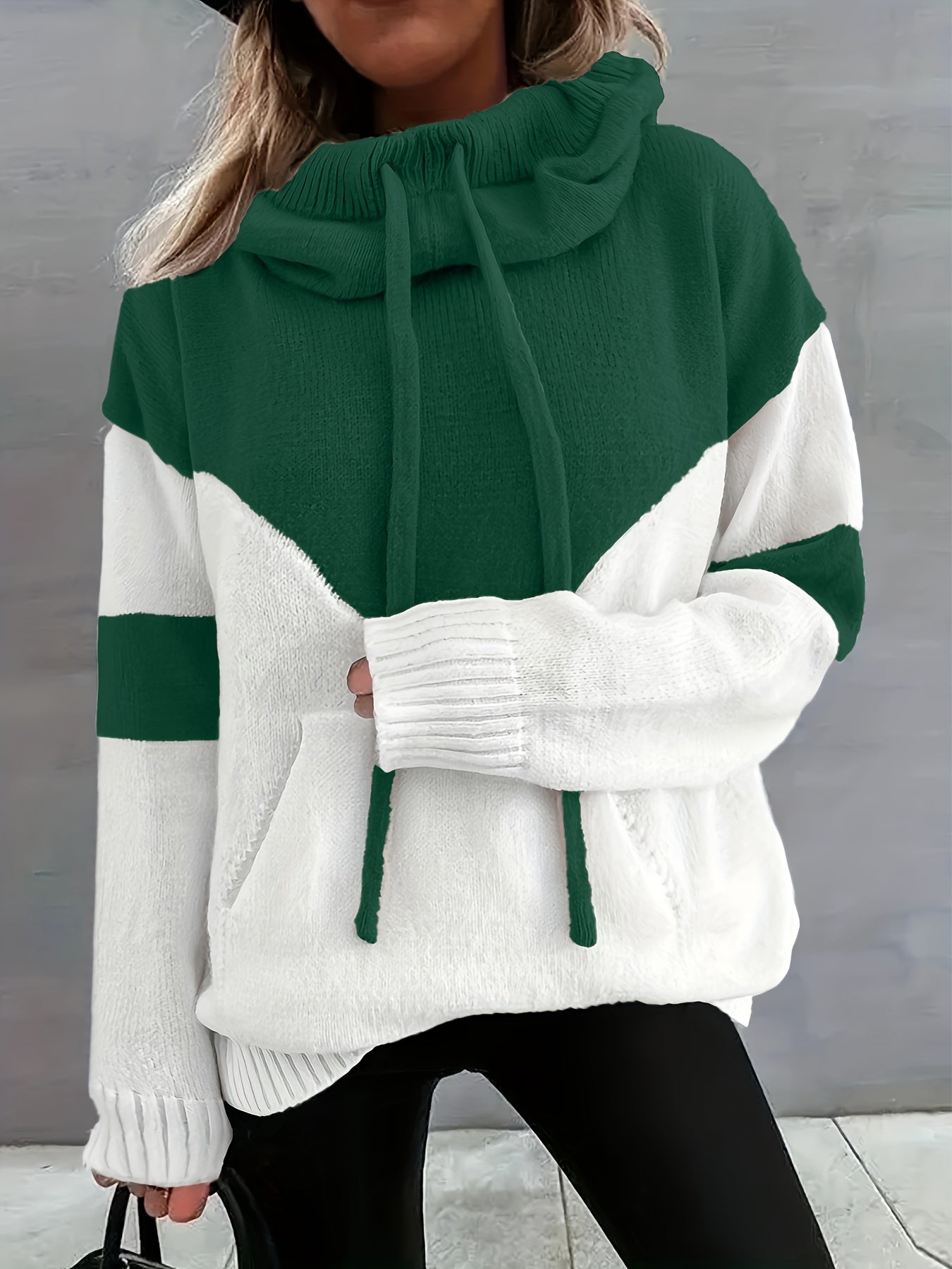 Color Block Drawstring Hooded Sweatshirt, Women's Long Sleeve Casual Pullover Sweater with Pocket