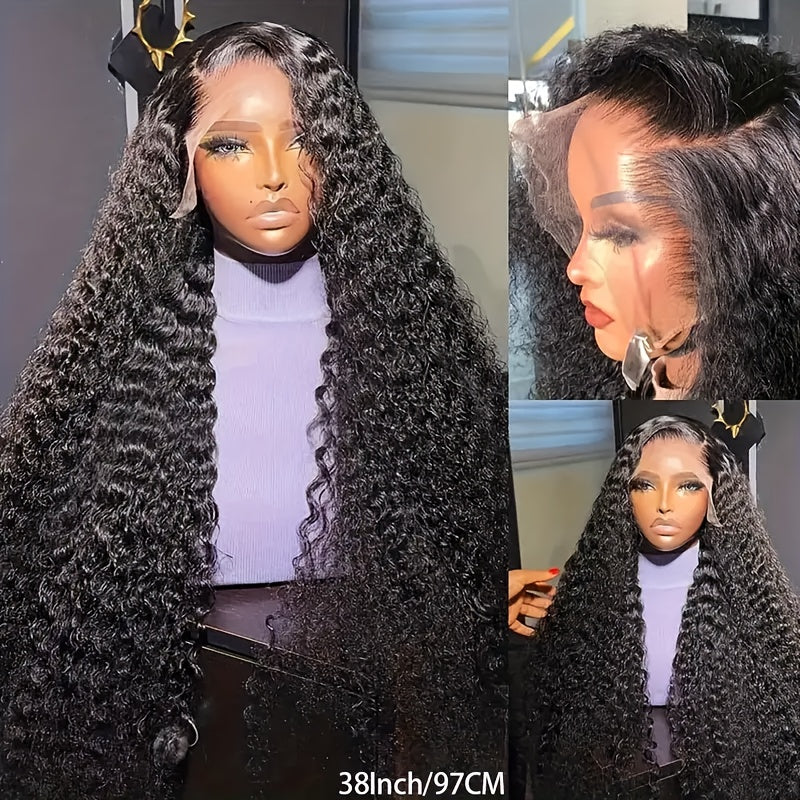 40" Brazilian Virgin Human Hair Wig - 250% Density Kinky Curly Wave 13x4 HD Transparent Lace Frontal with Pre-Plucked Bleached Knots & Baby Hair, 100% Remy Hair for (Natural Color), Long Hair Wig, Styling Versatility, Texture
