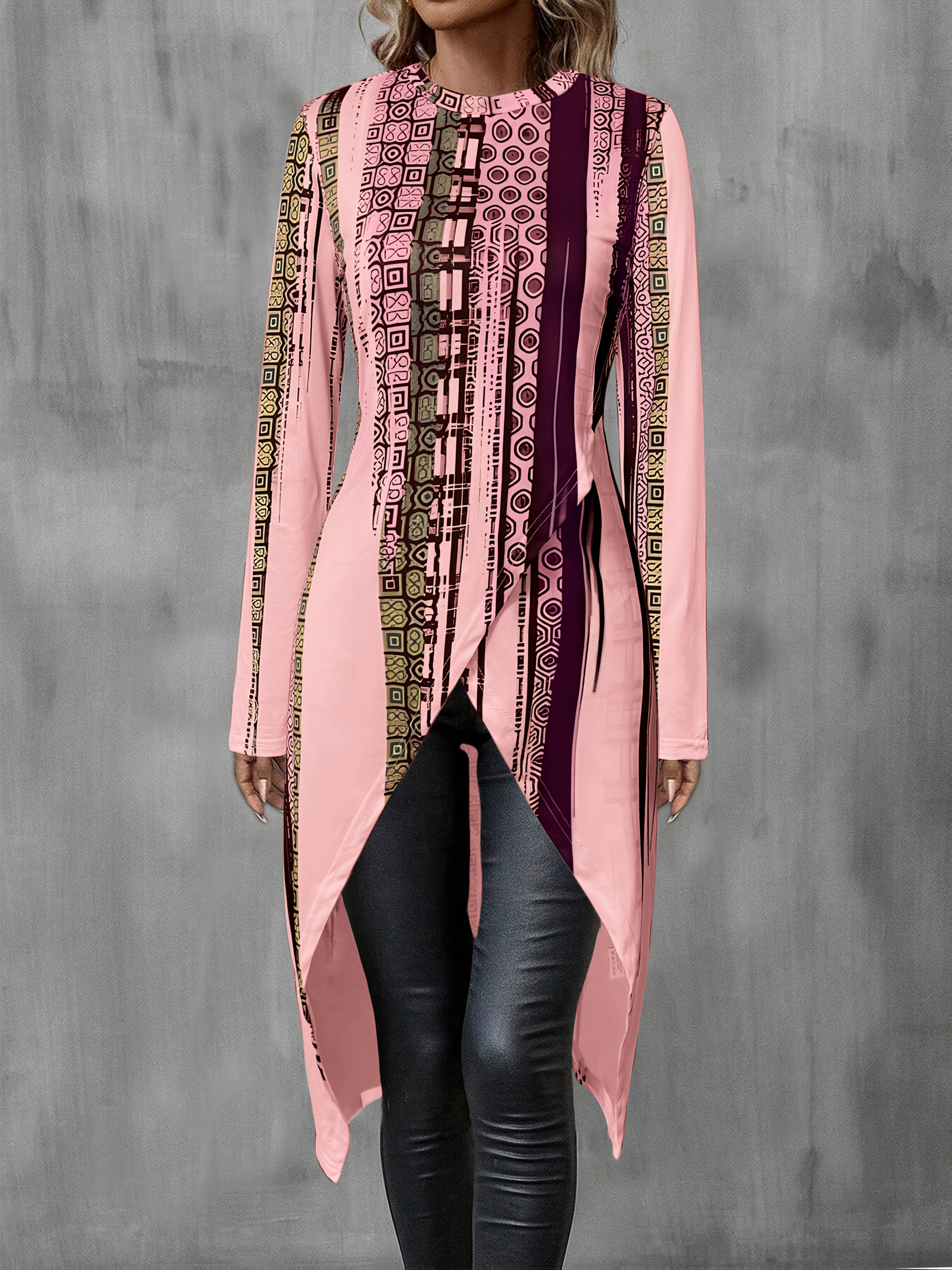 Women's Elegant Long Sleeve Top with Geometric and Striped Print - Round Neck, Asymmetrical Hem, Lightweight Polyester Blend for Spring, Fall, and Winter