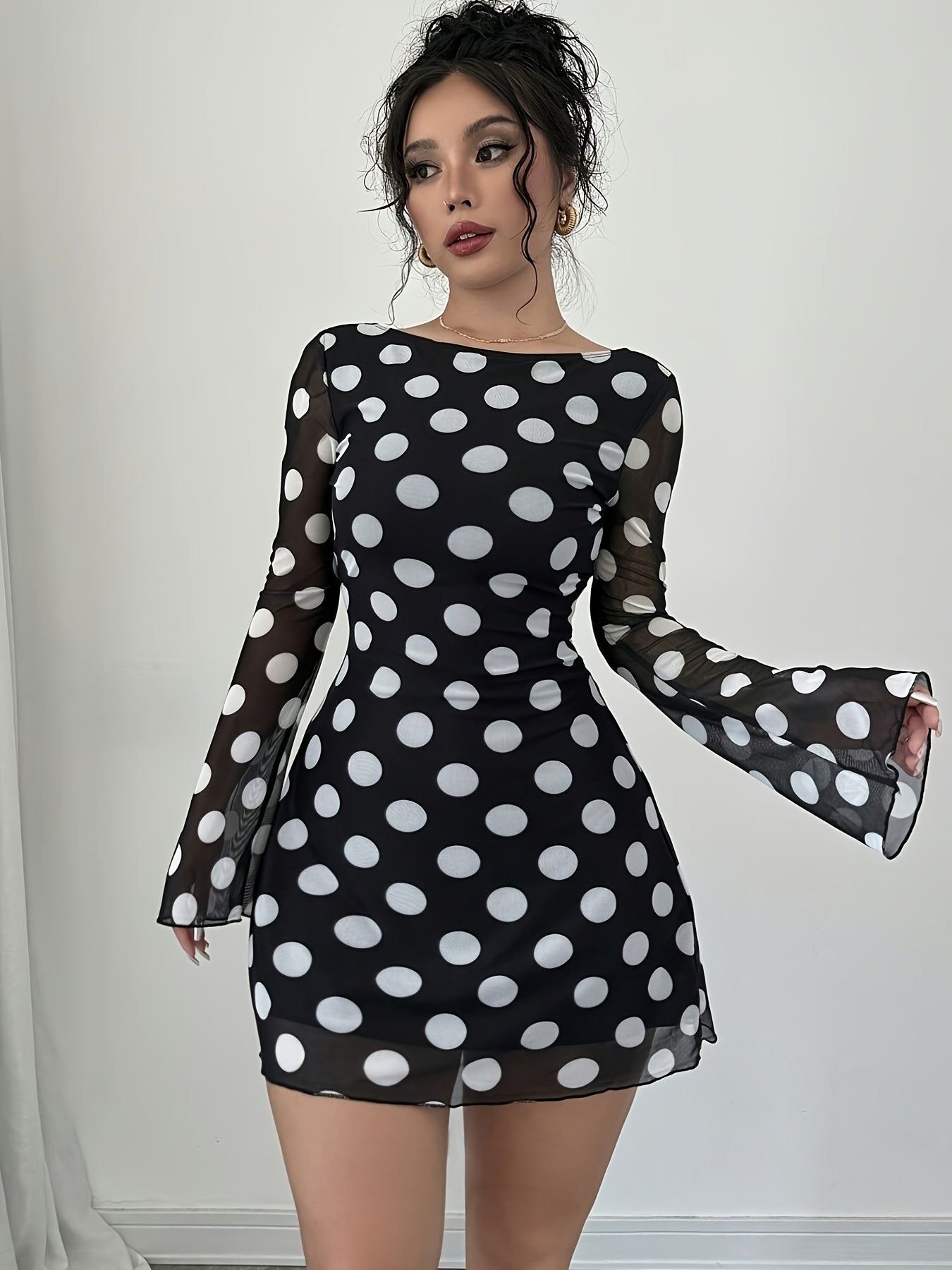 Elegant Women's Polka Dot Backless Mesh Mini Dress with Flare Sleeves - Black & White, Form-Fitting, Polyester & Elastane, Perfect for Spring & Autumn, Casual Elegance | Flare Sleeve Dress | Knit Construction, Cute Dresses