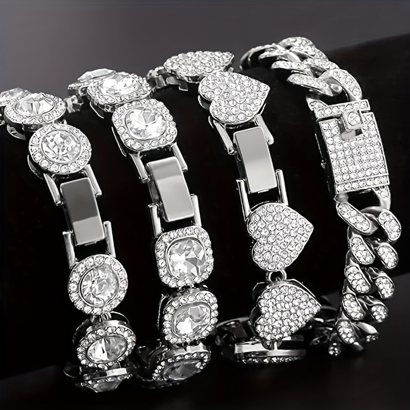 4pcs Set Golden Bracelet Women Girls Silvery Cluster Tennis Bracelet Women Heart Round Cuban Bracelet Layered Link Bracelet Set Fashion Jewelry Women Girls Gift Set