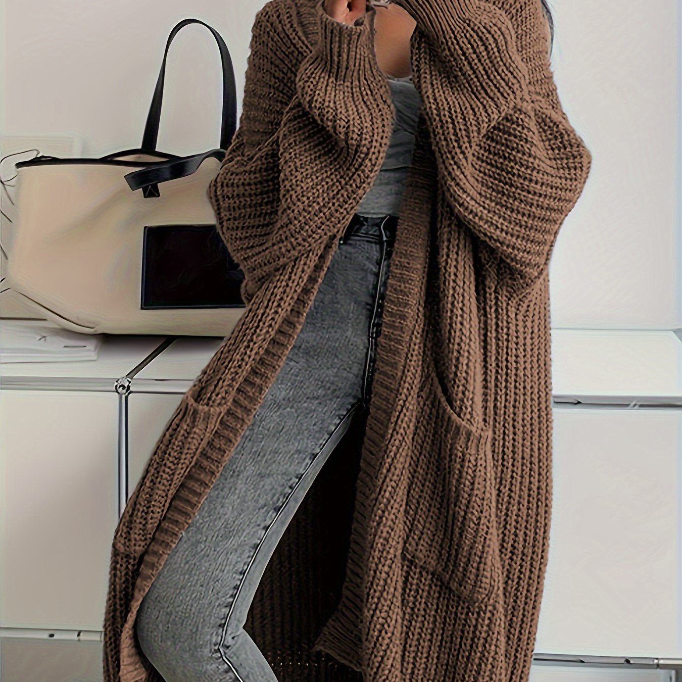 Cardigan sweater - Patched Pockets Open Front Cardigan - Solid, Long Sleeve, Knitted - Fall & Winter - Women - Cozy & Stylish - Cozy Comfort, Effortless Style