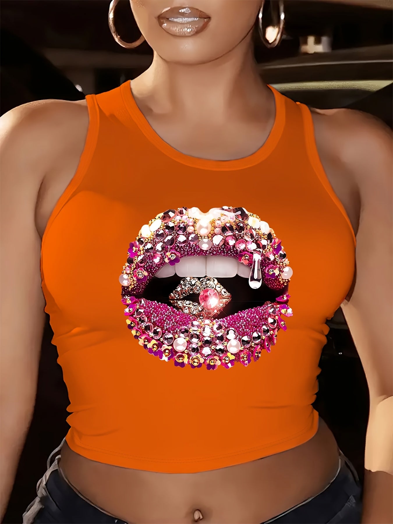 Glamorous Lip Print Tank Top with Rhinestones & Sequins - Sleeveless, Round Neck, Casual Fashion for Women, Spring/Summer Collection, Rhinestone Embellishments, Vibrant Colors, Blingy Style, Ladies Tank Tops