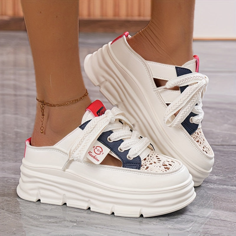 Women's Stylish Thick-Sole Platform Sandals - White & Orange, Round Toe, PU Cover, Lace-Up Design, Summer Outdoor Shoes with Rubber Sole for Added Height, Ladies Sandals
