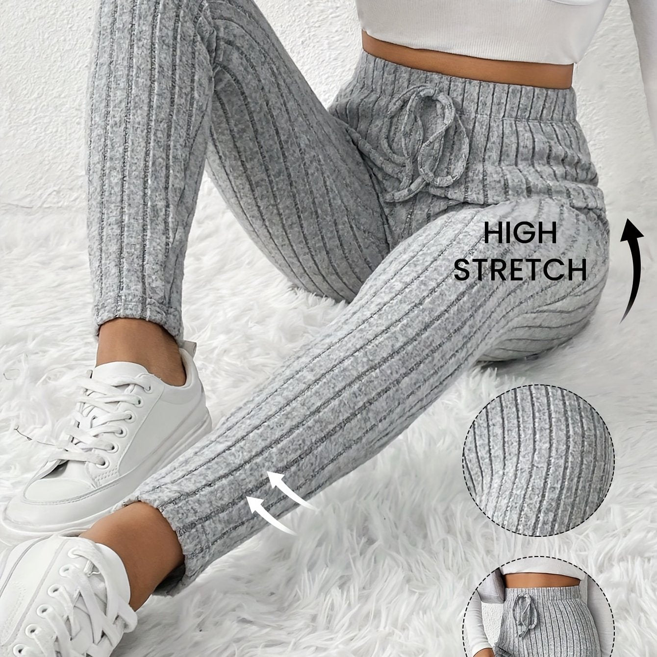 Elegant High-Waist Ribbed Knit Pants for Women - Cozy & Chic Brown Slim-Fit Trousers with Elastic Waistband, Perfect for Fall/Winter Casual Wear