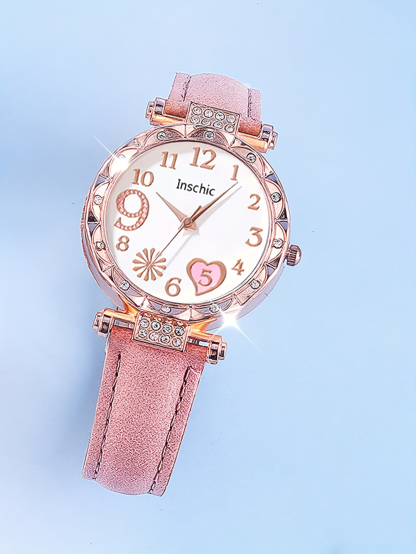 6pcs Elegant Faux Leather & Rose Golden Accessory Set - Heart-Shaped Watch, Bracelet, Necklace, Earrings with Pink Rhinestones - Perfect Mother'S Day Gift for Moms, Everyday Style, Everyday Accessory Set|Fashionable Gift Set|