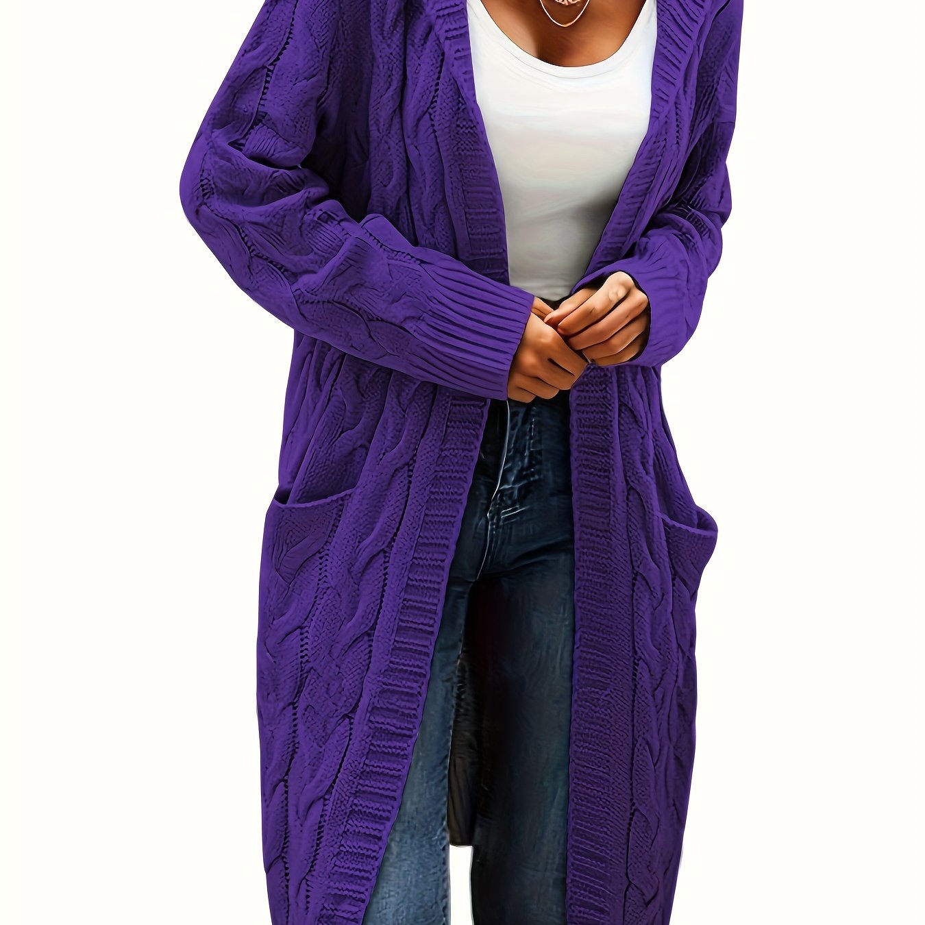 [Open Front] Women's Casual Cardigan - Black Cable Knit, Long Sleeve, Open Front with Pockets - Relaxed Fit for Fall/Winter