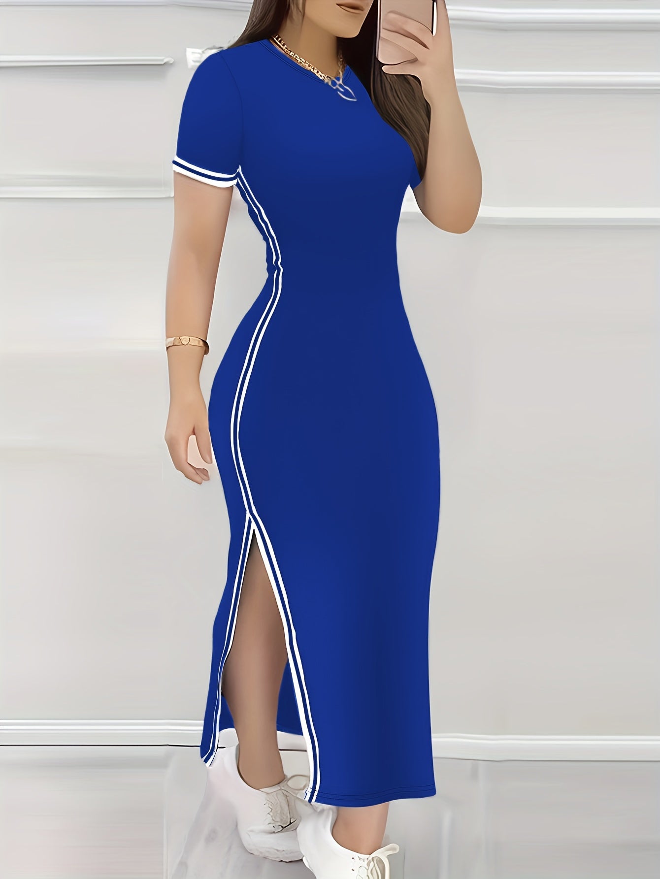 Women's Contrast Trim Split Hem Bodycon Dress - Elegant Crew Neck Short Sleeve Dress For Spring & Summer - For Women - Perfect for Parties & Casual Occasions - Stylish Gift for Fashionable Ladies